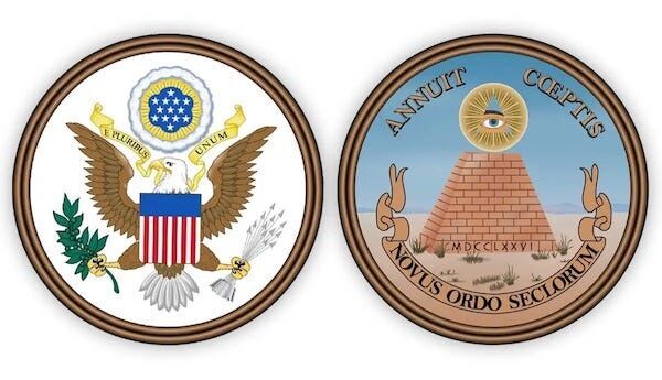 The Great Seal of the United States, including the Eye of Providence in a triangle surrounded by a Glory (right).