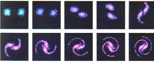 Рис. 23: Симуляция формирования галактики с помощью суперкомпьютера Энтони Перратом, основывающаяся на взаимодействии заряженных частиц.