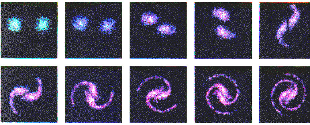 Рис. 23: Симуляция формирования галактики с помощью суперкомпьютера Энтони Перратом, основывающаяся на взаимодействии заряженных частиц.