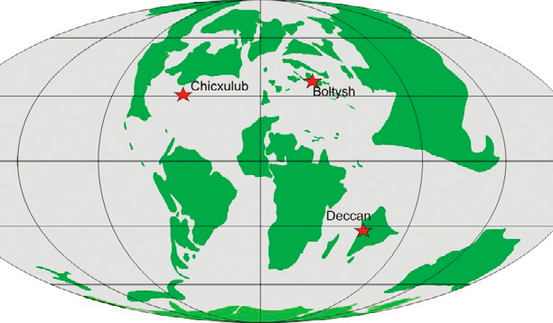 Рис. 84: Карта местоположения 3-х основных точек столкновения: Chicxulub, Boltysh и Deccan во время падений астероидов на границе мелового и палеогенового периодов.