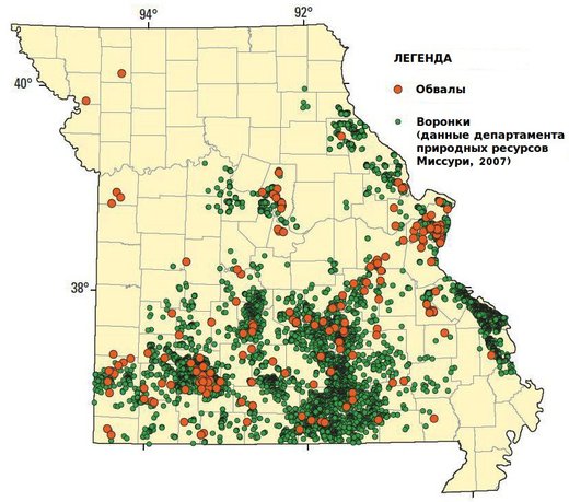 Карта провалов грунтов в Миссури, 2007 г.