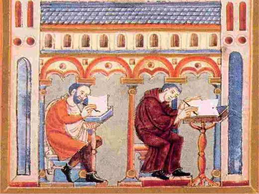 Рис. 205: Монахи-переписчики за работой в монастыре аббатства Эхтернах (Люксембург), манускрипт 11-го века.