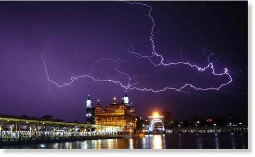 Lightning over the golden temple in Amritsar during storms in April. 