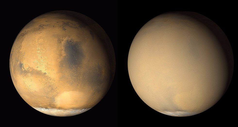 Марс в ясную погоду (слева) и во время глобальной пылевой бури (справа)