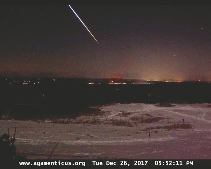 The webcam at Mount Agamenticus in southern Maine captured an image of a fireball as it streaked across the sky just before 6 p.m. Tuesday.