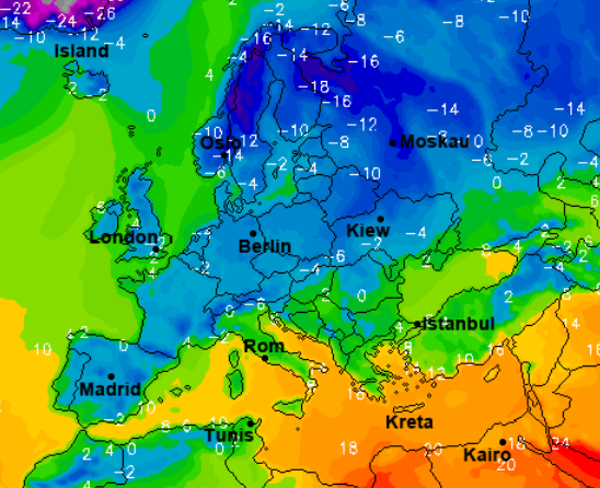 Cold is forecast to keep Europe shivering this week. Image cropped from wetter.online.de.