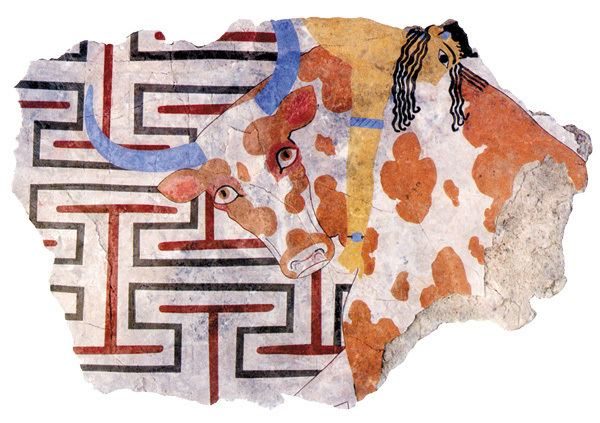 Рисунок 1. Настенные картины, датируемые 16 веком до нашей эры от Tell el-Dab (Египет), демонстрирующие ритуал быка, минойские художники экспортировали свой стиль и навыки в другие регионы вокруг Средиземного моря