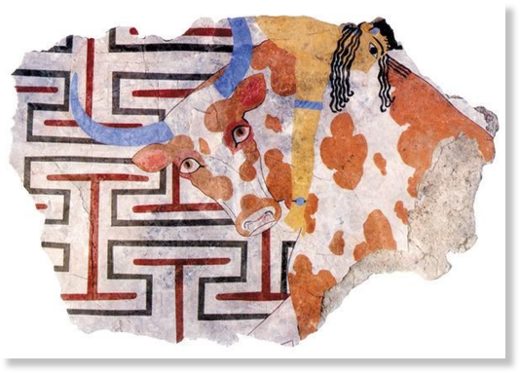 Рисунок 1. Настенные картины, датируемые 16 веком до нашей эры от Tell el-Dab (Египет), демонстрирующие ритуал быка, минойские художники экспортировали свой стиль и навыки в другие регионы вокруг Средиземного моря