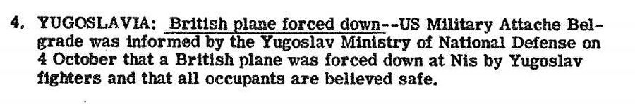 Фрагмент сводки разведки США с сообщением о том, что Югославия сбила британский самолет