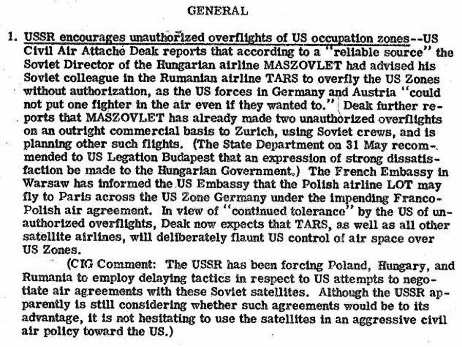 Фрагмент сводки разведки США с сообщением о том, что СССР поощряет несанкционированные полеты над западными оккупационными зонами