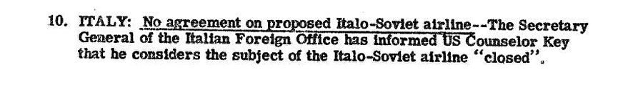 Фрагмент сводки разведки США с донесением о провале переговоров о создании итало-советской авиакомпании