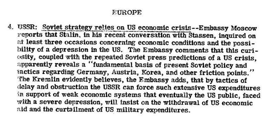 Фрагмент сводки разведки США с донесением о том, что СССР в своей политике рассчитывает на экономический кризис в Соединенных Штатах