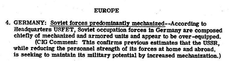 Фрагмент сводки разведки США с донесением о том, что советские войска в Германии преимущественно механизированы