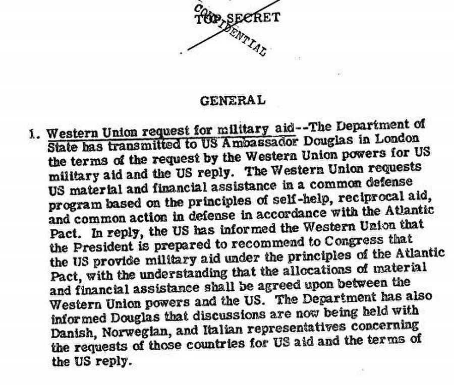 Фрагмент сводки разведки США о том, что европейские члены НАТО рассчитывают на американскую помощь