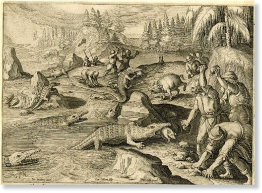 Крестьяне села Безродное отбиваются от крокодилов, напавших на скот. Иллюстрация из книги 1768 года