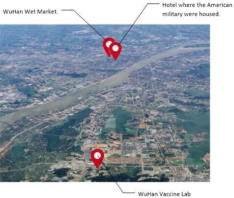 Relative locations of the Wuhan vaccine lab, and where the American soldiers stayed, relative to the Wuhan wet market.