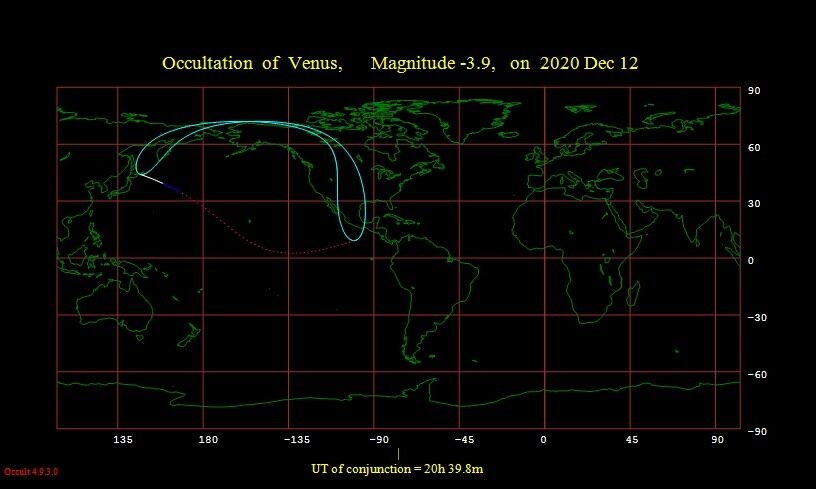 Карта полосы видимости покрытия Венеры Луной 12 декабря 2020 года