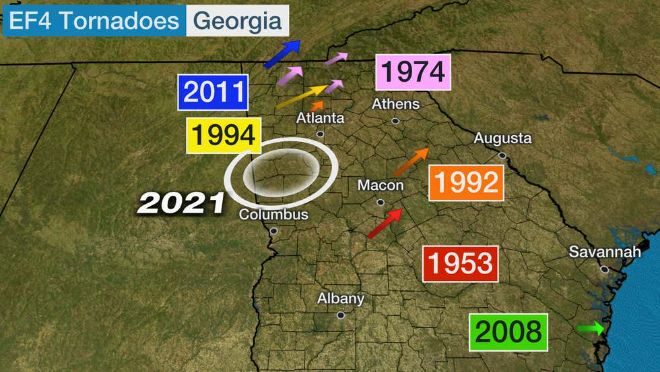 На территории американского штата Джорджия подтвержден редкий торнадо EF4