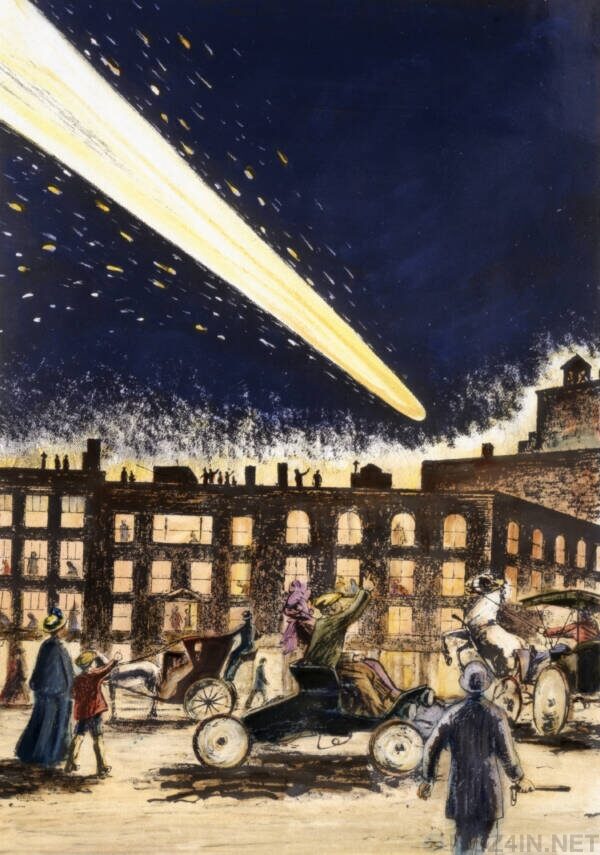 Рисунок кометы Галлея, пролетающей над городом (1910 год)