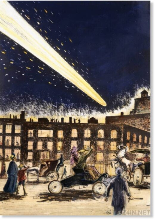 Рисунок кометы Галлея, пролетающей над городом (1910 год)