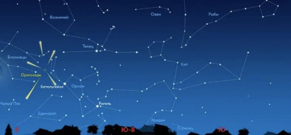 Ищите радиант Орионид чуть левее и выше пояса Ориона и Бетельгейзе - одной из ярчайших звезд на небе