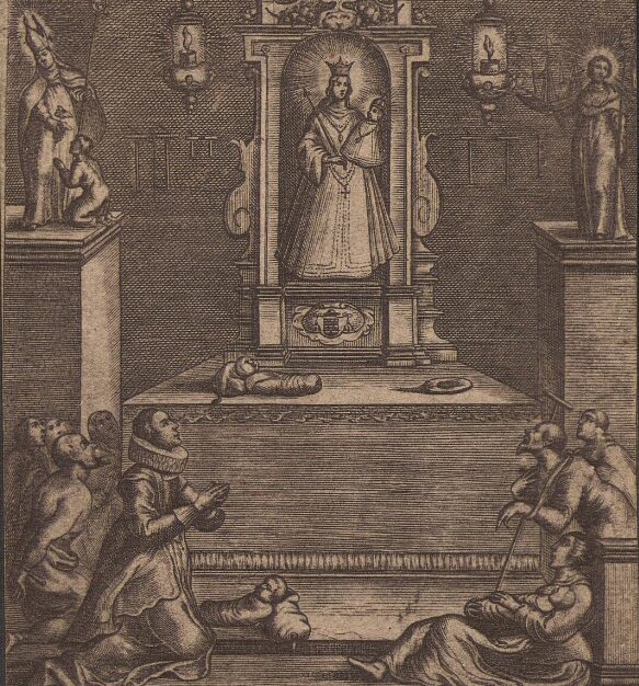 Гравюра с изображением жертв чумы, молящихся Богородице о прекращении эпидемии