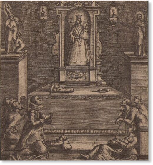 Гравюра с изображением жертв чумы, молящихся Богородице о прекращении эпидемии