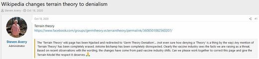 Screenshot of the message about Wikipedia changing terrain theory to denialism​