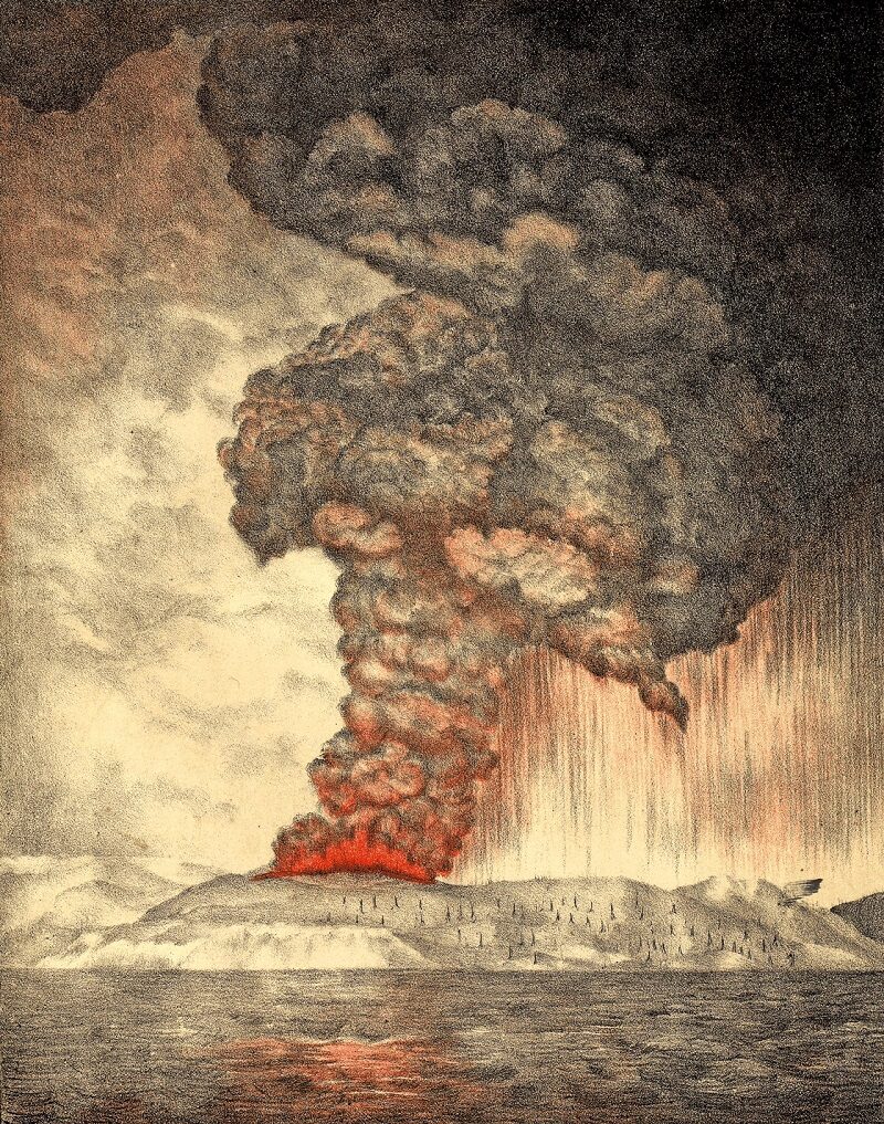 Литография 1888 года, изображающая извержение вулкана Кракатау в 1883 году.