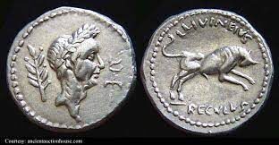 Silver Denarius representing on the obverse Caesar and on reverse a bull​