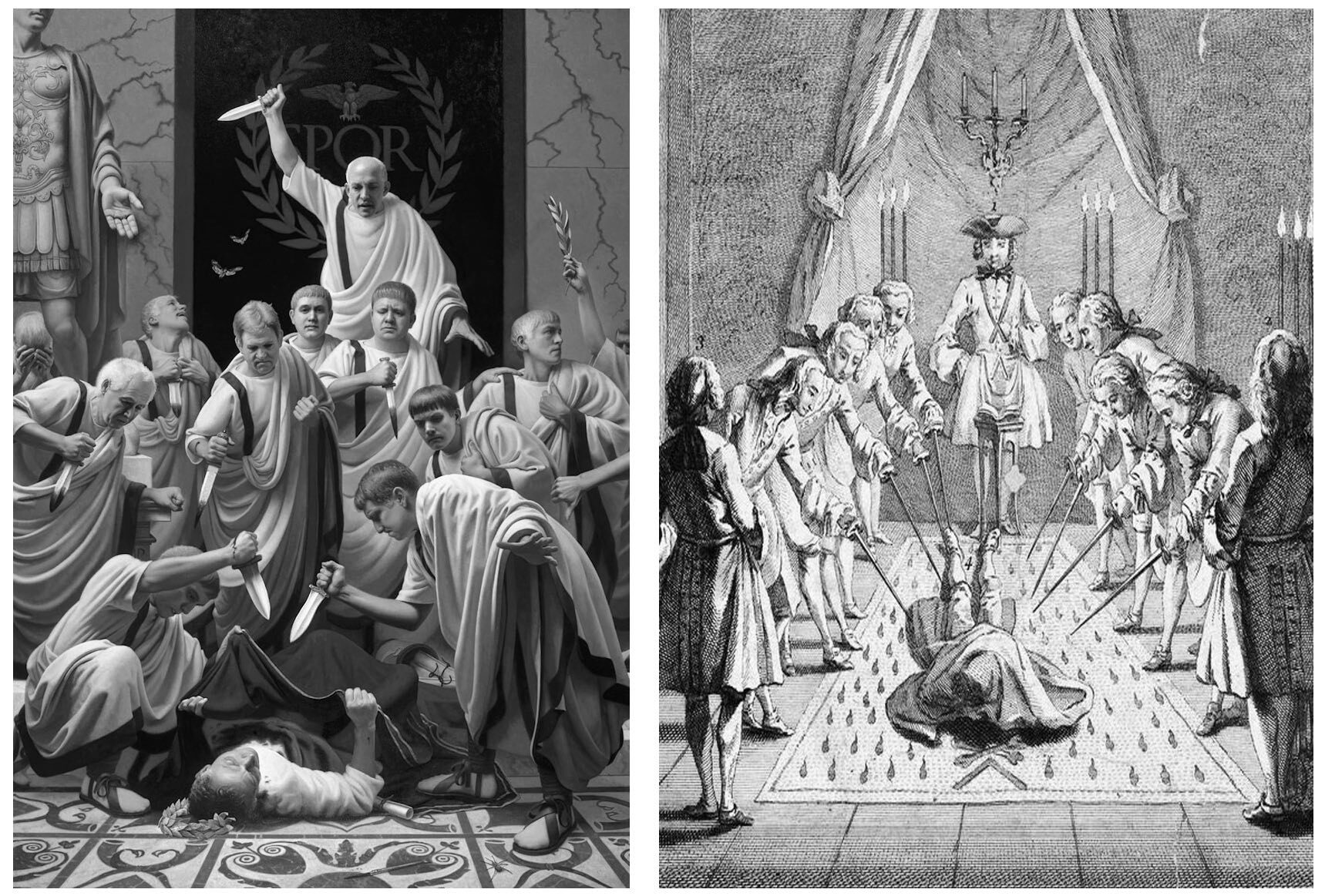 Left: assassination of Julius Caesar[51], right: masonic initiation to the Master degree​