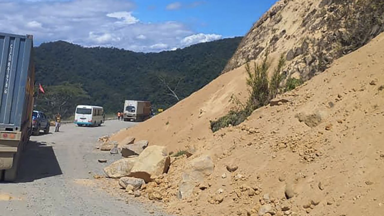 Debris lies strewn across a highway following a landslide near the town of Kainantu, following a 7.6-magnitude earthquake in northeastern Papua New Guinea on Sunday, Sept. 11, 2022.