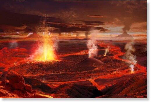 Иллюстрация извержения сибирских вулканов, ставшего причиной пермско-триасового вымирания