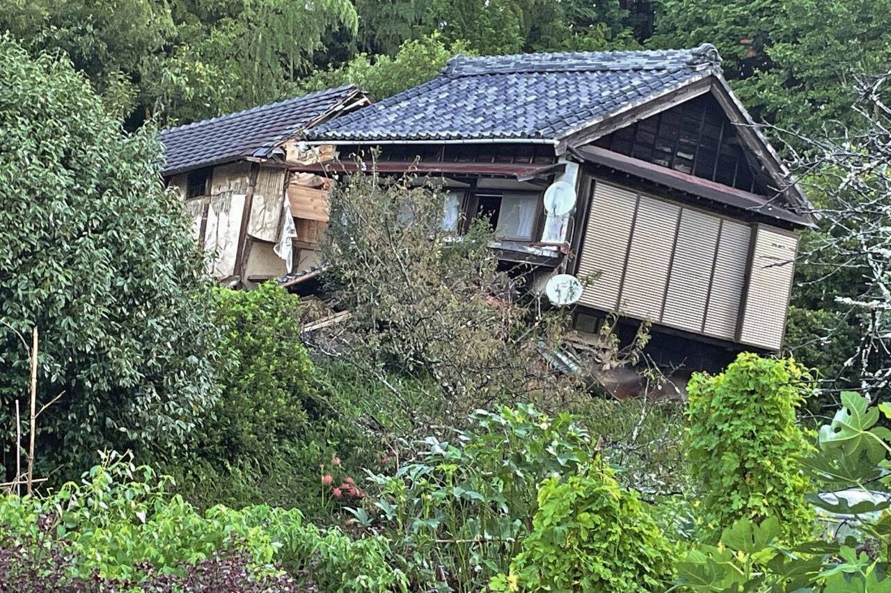 A house where a man died after being caught in a landslide, in Kakegawa, Shizuoka Prefecture, on Saturday.