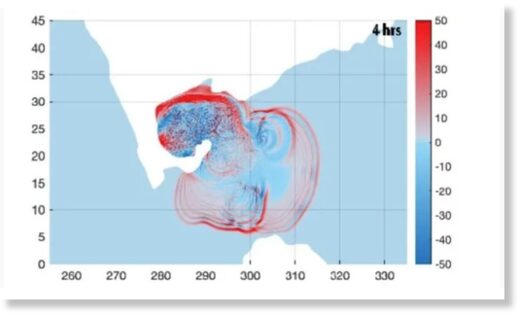 Смоделированное цунами изменение высоты поверхности моря (в метрах) через четыре часа после удара астероида в конце мелового периода