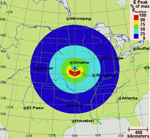 Нажмите, чтобы увеличить Metatech Theoretical electric field induced by a high-altitude EMP. Burst height is 75 km.