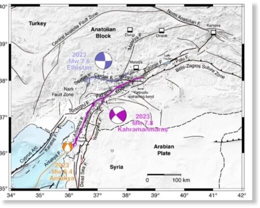 Разломы показаны пурпурным и серым. Они сходятся в месте блокировки - районе Ярпузлу. Там произойдет следующее землетрясение