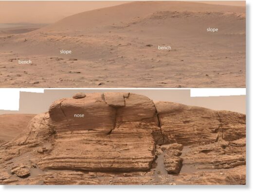 Склоны, выступы и уступы, которые сфотографировал марсоход Curiosity в кратере Гейла