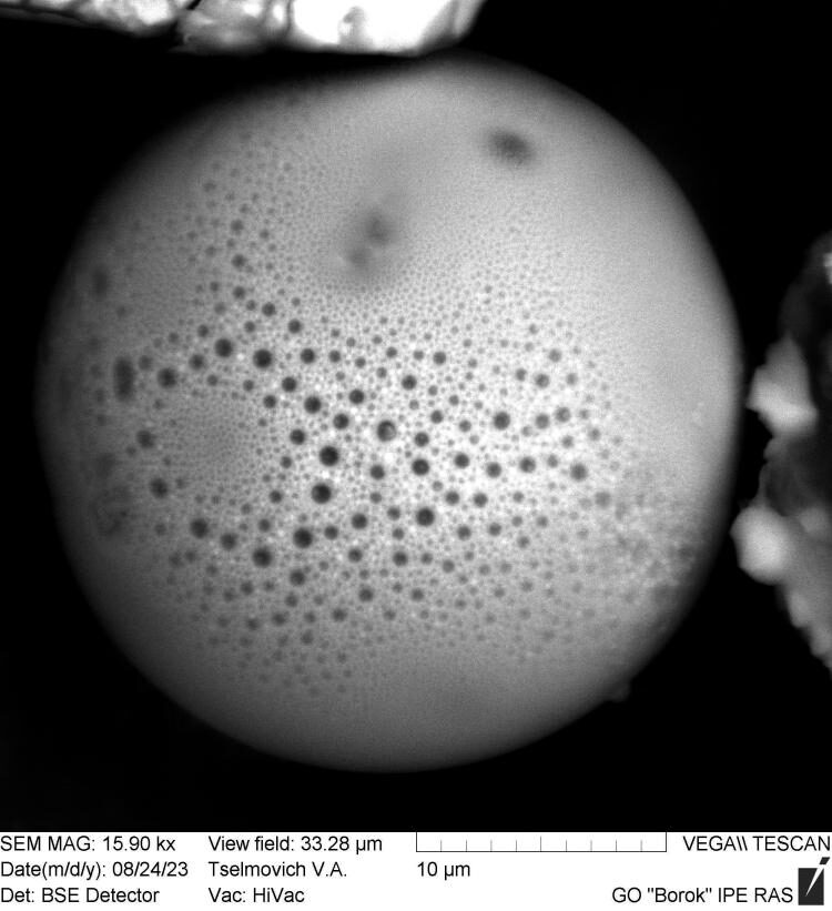 Фотография микрочастицы с алюмосиликатными «дырками», сделанная с помощью электронного микроскопа