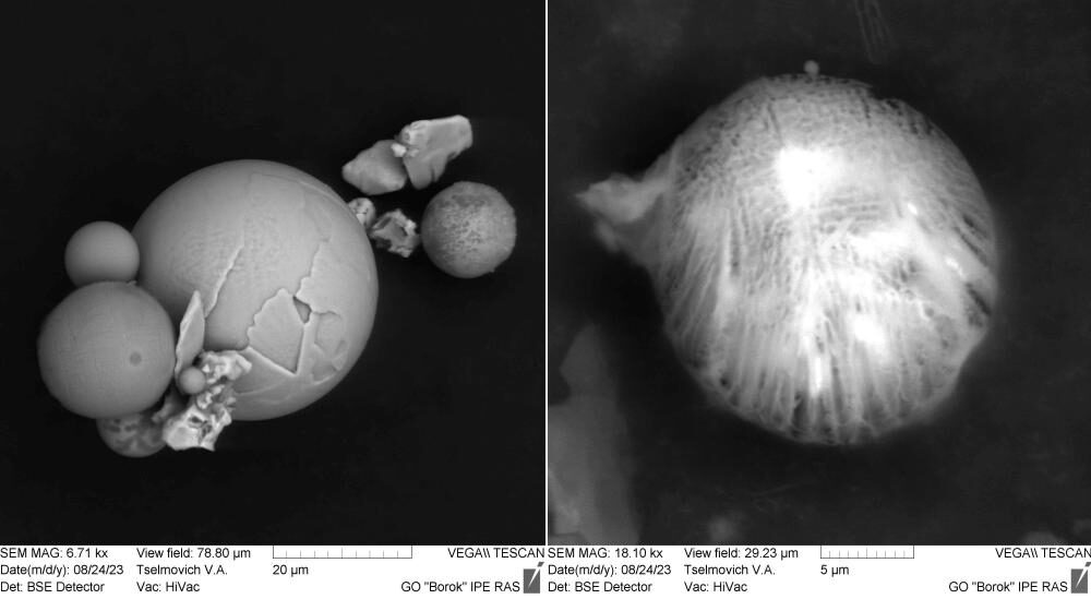 Микрочастица с «лохмотьями» (слева) и с «волокнами» (справа). Изображения получены с помощью электронного микроскопа