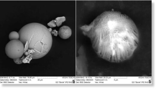 Микрочастица с «лохмотьями» (слева) и с «волокнами» (справа). Изображения получены с помощью электронного микроскопа