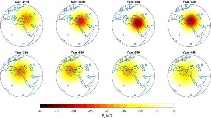 The Levantine Iron Age geomagnetic anomaly, which peaked around 950 BC.