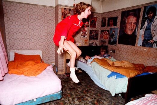 The Enfield poltergeist case. Janet Hodgson apparently flying through the air while two of her siblings cowered in bed in 284 Green Street Enfield in late 1970s.
