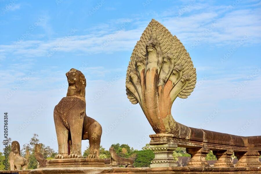 Angkor Wat naga and guardian lion.